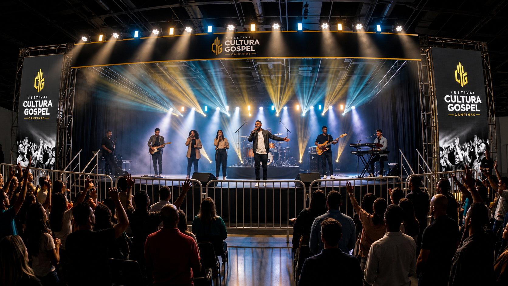 Palco do Festival Cultura Gospel com público durante o louvor